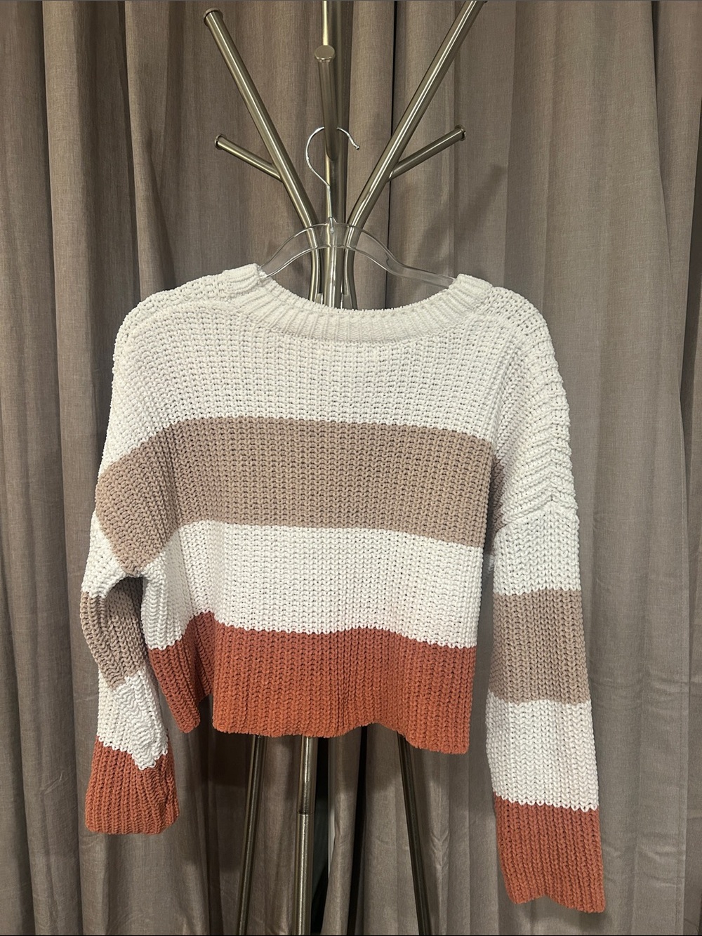 moon & madison Cropped Striped Crewneck Sweater in Cream, Beige & Rust - Picture 5 of 7